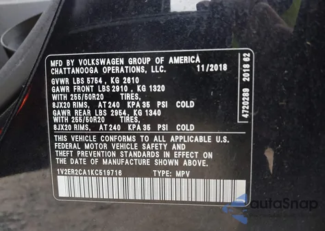 2019 Volkswagen Atlas 3.6L V6 Sel from USA, damaged, VIN 1V2ER2CA1KC519716